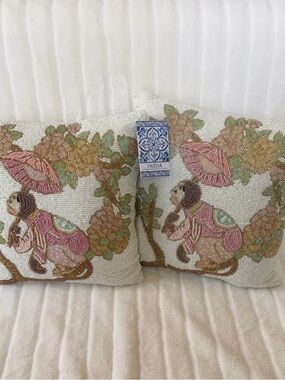 Beaded Throw Pillow Set Monkey Floral 13x13” India Anthro Style Boho Decor NWT